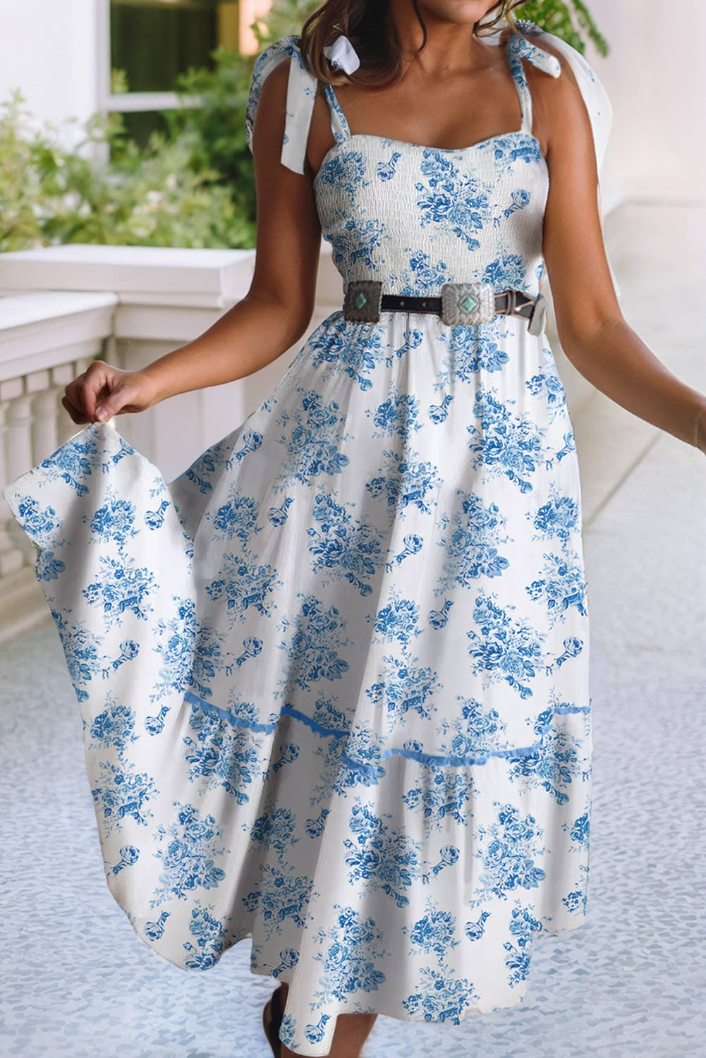 Blue & White Smocked Midi Dress