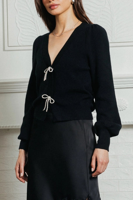 Bow Detail Puff Sleeve Cardigan – Black