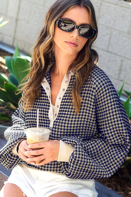 Two-Tone Textured Snap Pullover