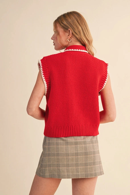 Red Trim Knit Tie-Neck Sweater Vest