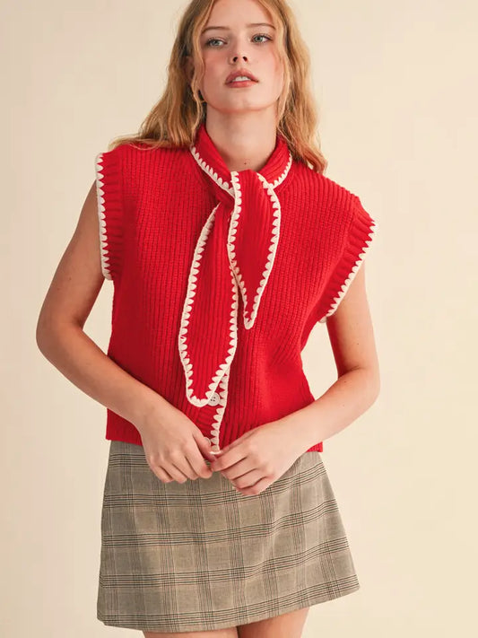 Red Trim Knit Tie-Neck Sweater Vest
