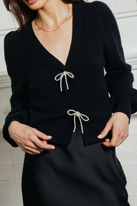 Bow Detail Puff Sleeve Cardigan – Black