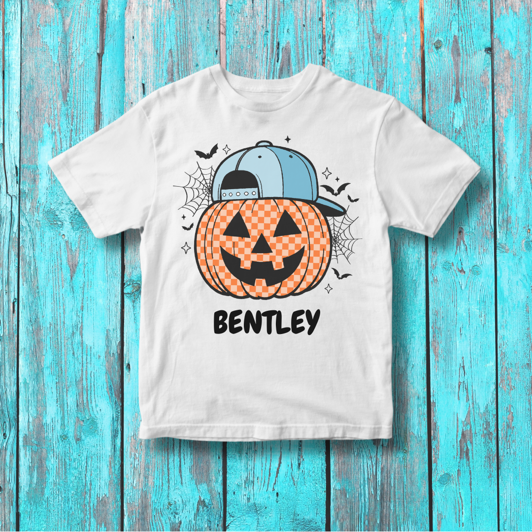 Boys Personalized Jack O’Lantern Tee | Blue Hat Pumpkin Halloween Shirt