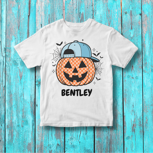 Boys Personalized Jack O’Lantern Tee | Blue Hat Pumpkin Halloween Shirt