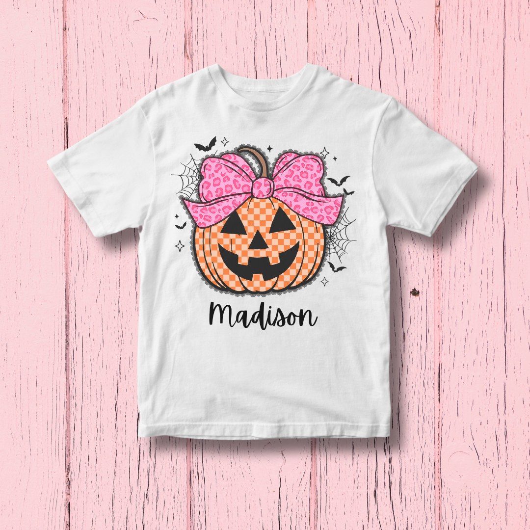 Girls Personalized Jack O’Lantern Tee | Pink Bow Pumpkin Halloween Shirt