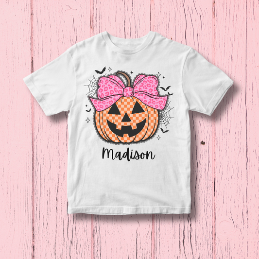Girls Personalized Jack O’Lantern Tee | Pink Bow Pumpkin Halloween Shirt