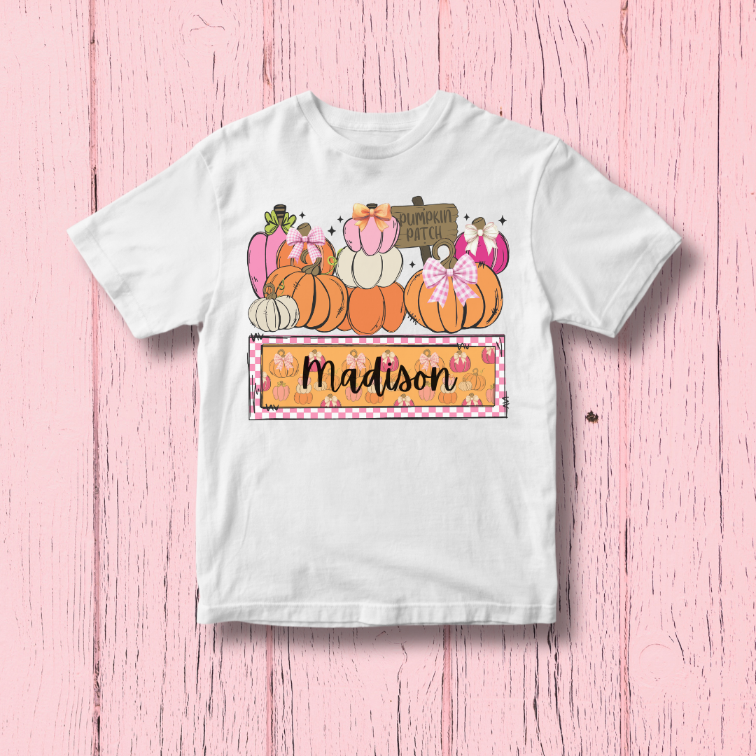 Girls Personalized Pumpkin Patch Tee | Pink and Orange Fall Shirt