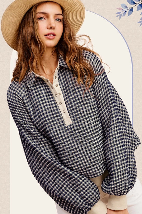 Two-Tone Textured Snap Pullover