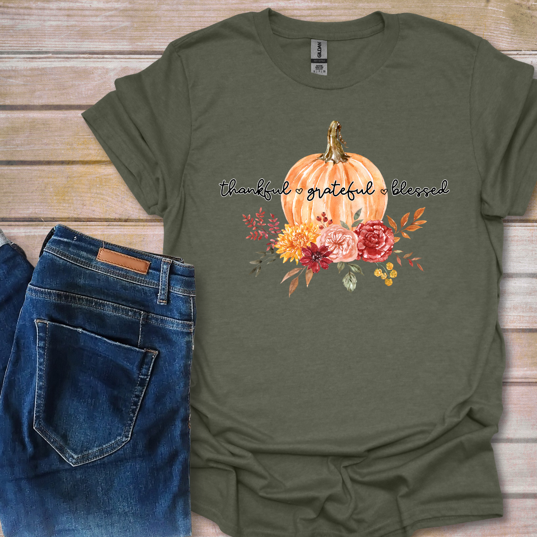 Thankful, Grateful, Blessed Floral Pumpkin | T-Shirt Bar